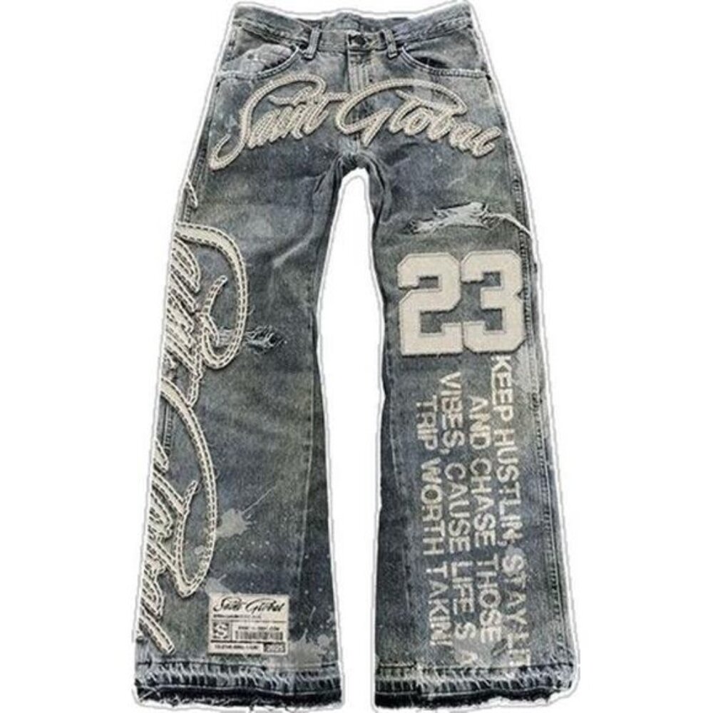 Streetwear Vintage Blue Jeans Y2K Clothes Men Hip Hop Letter Patch Embroidery - Picture 5 of 5